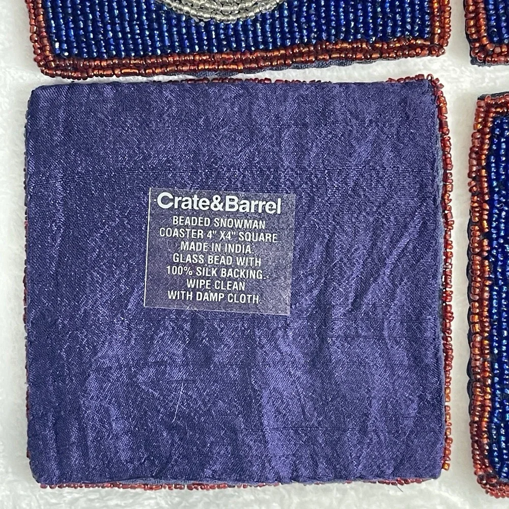 Crate‎ & Barrel Beaded Snowman Coasters Silk Set of Four Christmas Winter Table